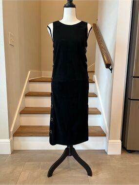 New Suede Sleeveless Black Midi Dress with Side Silver Ring Embellishment